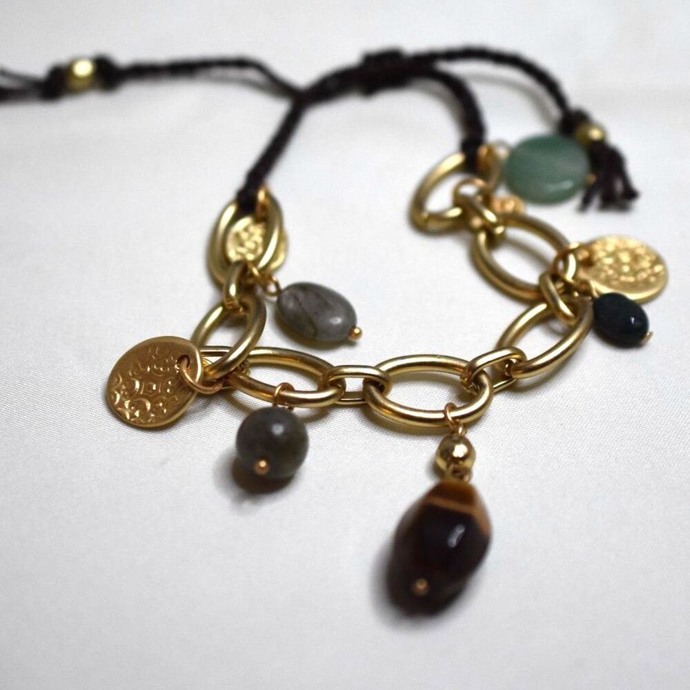 NWOT Gold Tone Link Etched Coins/Multi Color Stone Beads Adj. 5-8" Cord Bracelet